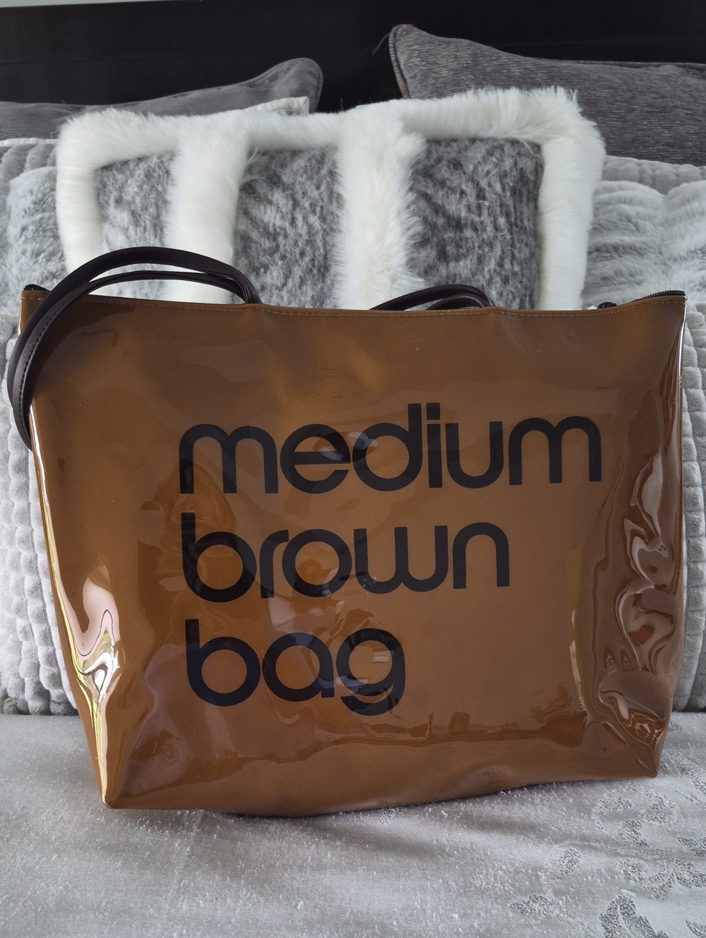Bloomingdale's Glossy Medium Brown Tote with Black Lettering
